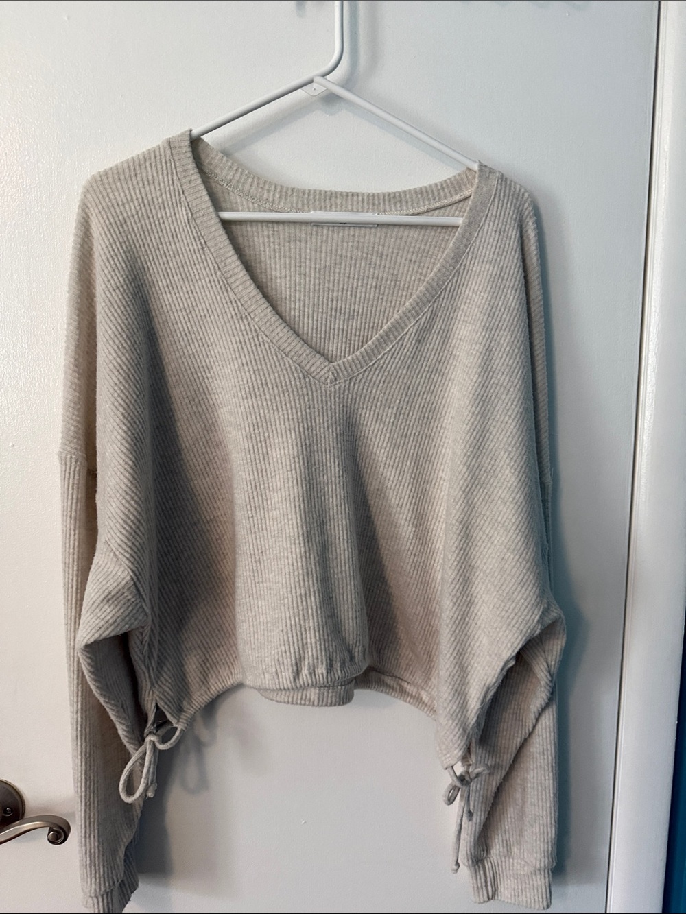 Project Social T Ribbed V-Neck Drawstring Hem Sweater - Light Beige